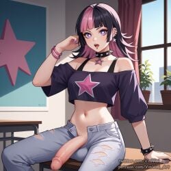 ai_generated belly_button black_hair bracelet bracelets clothed clothing collar dual_colored_hair exposed_penis femboy hoshi_kirara indoor indoors jeans jujutsu_kaisen light_skin open_mouth pink_hair purple_eyes ripped_pants sitting sitting_on_desk sitting_on_table spiked_bracelet spiked_collar spikes star_(symbol) star_shaped_pupils unzipped unzipped_pants vinivini_art window.