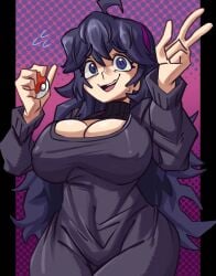 1girls big_breasts black_dress black_hair cleavage_window female game_freak hairband hex_maniac moxydrawsmore nervous_smile nintendo nipples_visible_through_clothing pokeball pokemon