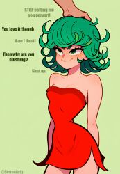 ai_generated anime_style bare_arms bare_legs bare_shoulders bare_thighs cartoony comic comic_page curly_hair digital_art digital_media_(artwork) dress female female_only green_eyes green_hair happy head_grab head_grabbing head_pat headpat headpats minidress one-punch_man pale_skin petite_body petite_girl red_dress sassy seducing seduction seductive seductive_body seductive_eyes seductive_gaze seductive_look seductive_mouth seductive_pose seductive_smile sensuarty small_breasts small_waist smiling strapless strapless_dress tatsumaki thigh_slit