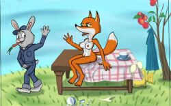 1:1 anthro barefoot breasts canid canine carrot clothing container cup duo feet female food fox fur furniture genitals good_enough hare lagomorph leporid looking_back mammal mrak multicolored_body multicolored_fur nipples orange_body orange_fur panties plant pussy simple_background smile soviet_cartoon soyuzmultfilm table tan_body tan_fur underwear vegetable