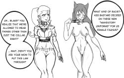 2girls black_and_white blake_belladonna cat_ears clothed_female_nude_female collar collar_only dark_hair degeneracydoodles embarrassed embarrassed_nude_female english_text exhibitionism faunus ilia_amitola naked_collar nude_female rwby speech_bubble