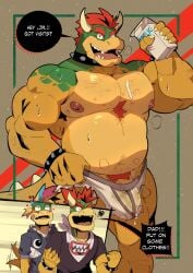 3boys aged_up anthro big_muscles bodily_fluids body_hair bowser bowser_jr. bulge clothed clothing dialogue dilf english_text facial_hair father_(lore) father_and_child_(lore) father_and_son_(lore) fully_clothed genital_fluids genitals group hair heart_symbol hi_res horn koopa koopaling leg_hair lemmy_koopa male male_only mario_(series) mature_male milk milk_carton mostly_nude multiple_boys musclegut muscular muscular_anthro muscular_male nintendo parent_(lore) parent_and_child_(lore) parent_and_son_(lore) pecs penis penis_base precum precum_through_clothing precum_through_underwear pubes red_hair reptile scales scalie shirt skimpy son_(lore) speech_bubble spiked_tail spikes spikes_(anatomy) standing stubble t-shirt tail text topwear trio underwear underwear_only wet wet_clothing yellow_body yellow_scales zipperhyena