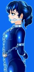 ball_gag blue_eyes blue_hair bondage boughsofholly bound chains collar female female_only femsub fully_clothed gag latex latex_clothing lock metal_collar padlock png ponytail rubber rubber_clothing shiny_clothes tight_clothing