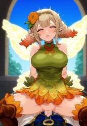 1boy 1girls ai_generated big_breasts blonde_hair clothed clothed_sex cowgirl_position fairy fairy_wings fire_emblem fire_emblem_heroes flower flower_hair kiran_(fire_emblem) kiran_(fire_emblem)_(male) looking_at_viewer looking_pleasured nai_diffusion nintendo open_mouth penis peony_(fire_emblem) pink_eyes pointy_ears pov pussy pussy_juice sex squatting stable_diffusion straddling stradiviolet uncensored vaginal_penetration wings