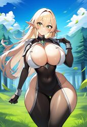 1girls ai_generated belly_button big_breasts blonde_hair blush breasts clothed clothed_female clothing curvaceous curves curvy curvy_body curvy_female curvy_figure curvy_hips elf elf_ears elf_female eyebrows eyelashes female female_only fit_female forest forest_background grass green_eyes hip_dips hips huge_breasts large_breasts light-skinned_female light_skin long_hair looking_at_viewer navel novelai outdoors outside pale-skinned_female pale_skin pointy_ears revealing_clothes sky smile solo solo_female standing thick_thighs thighs tight_clothing tight_fit voluptuous voluptuous_female white_skin wide_hips