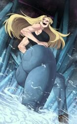 1girls ass_focus blonde_hair bubble_butt detailed_background fully_clothed huge_ass ice jeans jujutsu_kaisen limn044 long_hair looking_back mature_female muscular_female open_mouth shueisha sleeveless_shirt smile tight_clothing tight_pants yuki_tsukumo