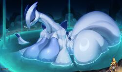 anthro ass big_breasts big_butt breasts bunnemilk closed_eyes curvy_figure female generation_2_pokemon half_submerged hi_res huge_breasts human legendary_pokemon lugia mammal nintendo nude partially_submerged pokemon pokemon_(species) size_difference sleeping tail thick_thighs voluptuous water white_body wide_hips