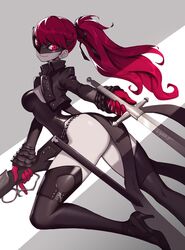 1girls ass big_ass breasts female_only hair kasumi_yoshizawa leather_jacket liyart long_hair mask persona persona_5 persona_5_royal phantom_thief_suit ponytail red_eyes red_hair ribbon sumire_yoshizawa sword thighhighs thighs tights