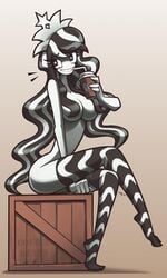 ass box breasts coffee coffee_cup crown female hair_censor hair_covering_breasts legs_crossed naked notyoursagittarius sitting smile solo starbucks starbucks_siren starbucks_siren_(gashi-gashi_redesign) stockings straw