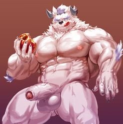 2019 abs absurd_res anthro apple balls behemoth_(tokyo_afterschool_summoners) biceps food fruit fur hi_res humanoid_penis male male_only mammal monster muscular muscular_male nipples nsfwnudo nunudodo pecs penis plant simple_background solo tokyo_afterschool_summoners video_games white_balls white_penis