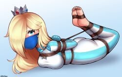 1girls barefoot blonde_hair blue_eyes bondage bound bound_breasts bound_legs bound_toes crown face_mask facemask female female_only femsub fully_clothed gag gagged gradient_background hogtie hogtied long_hair mario_(series) mouth_mask negieggy nintendo one_eye_obstructed otn_gag princess_rosalina racing_suit rope rope_bondage scarf solo_female tied_toes tight_clothing toes_tied