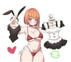 1girls bangs bikini bikini_top black_leotard bob_cut bra brown_eyes bunny_ears bunnysuit choker clothes_hanger fake_animal_ears haru_nyanx3 holding_clothing holding_object leotard looking_at_viewer maid_outfit maid_uniform mcdonald's mom_(japanese_mcdonald's_commercial) orange_hair red_bikini red_swimsuit simple_background skimpy swimsuit thong_bikini twitter white_background yoru_mac