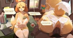 1boy anal animal_crossing animal_ears ass bell blonde_hair book breasts commentary desk dog_ears dog_girl dog_tail english_commentary english_text female furry furry_female garter_belt glass hair_bell hair_ornament highres holding holding_microphone indoors isabelle_(animal_crossing) lace_thighhighs large_breasts microphone nipples on_desk penis plant potted_plant pussy see-through see-through_legwear sex short_hair sitting smewed speech_bubble straight strap_slip tail thighhighs thighs topknot two-tone_fur white_thighhighs yellow_fur