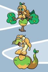 alternate_species apple apple_tree blue_background chabble dragon dragon_girl dryad fakemon mother_(pokemon_bw) pokemon pokemon_(species) pokemon_transformation post_transformation scalie shiny_pokemon slime transformation tree tree_girl