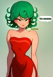 ai_generated bare_arms bare_shoulders cartoony comic comic_page comic_panel curly_hair digital_art digital_media_(artwork) doe_eyes dress female female_only femdom_caption green_eyes green_hair happy minidress one-punch_man petite_body pose posing red_dress sassy sensuarty small_breasts small_waist smiling smiling_at_viewer standing strapless strapless_dress tatsumaki thigh_slit