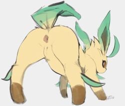 2024 anus ass brown_body brown_eyes brown_fur eeveelution female feral fur generation_4_pokemon genitals green_body green_fur hatsumiilkshake leafeon looking_at_viewer looking_back looking_back_at_viewer multicolored_body multicolored_fur nintendo pokemon pokemon_(species) pussy simple_background solo tan_body tan_fur