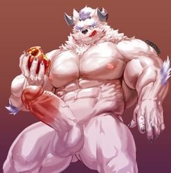 2019 abs absurd_res anthro apple behemoth_(tokyo_afterschool_summoners) biceps food fruit fur hi_res humanoid_penis male male_only mammal monster muscular muscular_male nipples nsfwnudo nunudodo pecs penis plant simple_background solo tokyo_afterschool_summoners video_games