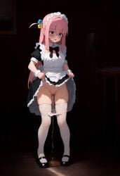 ai_generated blank_eyes blue_eyes bocchi_the_rock! gotou_hitori hair_ornament indoors maid panties_down peeing peeing_self pink_hair skindentation skirt_lift thighhighs