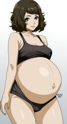 1girls belly big_belly bra brown_eyes brown_hair female panties persona persona_5 pregnant sadayo_kawakami sado_art solo white_background