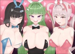 3girls alice_(nikke) alice_(wonderland_bunny)_(nikke) big_breasts black_hair blush braid bunny_ears bunnysuit cleavage closed_eyes female_only goddess_of_victory:_nikke green_hair grin heart large_breasts long_hair mary_(medical_rabbit)_(nikke) mary_(nikke) nipples_visible_through_clothing open_mouth pink_eyes purple_eyes simple_background soda_(nikke) soda_(twinkling_bunny)_(nikke) twintails upper_body upper_teeth white_hair