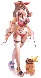 1girls :d big_breasts bikini blue_eyes bow breasts brown_hair cleavage creatures_(company) dress eyepatch frills front-tie_top full_body game_freak generation_3_pokemon hairband hi_res highleg highleg_swimsuit looking_at_viewer may_(pokemon) may_(pokemon_oras) medium_hair midriff momdy_(talesshinja) navel nintendo open_clothes open_mouth pirate_hat platform_heels pokemon pokemon_(game) pokemon_(species) revealing_clothes ribbon side-tie_bikini simple_background smile standing swimsuit thigh_strap torchic white_background