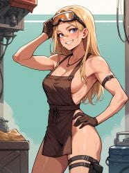 ai_assisted ai_generated apron apron_only armband armpits bandaid bandaid_on_nose blonde_hair blue_eyes brown_apron centi_(nikke) closed_mouth cowboy_shot goddess_of_victory:_nikke goggles goggles_on_head greemann hand_in_hair hand_on_hip leather_gloves long_hair looking_at_viewer mechanic medium_breasts necklace pouch shiny_skin sideboob smiling sweat sweating teeth thigh_strap thighs wet_skin