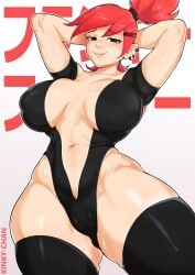 1girls arms_behind_head big_breasts black_eyes black_thighhighs breasts cameltoe cleavage ear_piercing earrings female female_only foster's_home_for_imaginary_friends frankie_foster hands_behind_head huge_breasts kinkychanart legwear lips mature mature_female red_hair skimpy skimpy_clothes smile solo solo_female thick_thighs thighhighs thighs