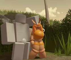 1boy1girl 3d anonymous_male antennae_(anatomy) atahez_(goofy_lookin) bottomless_female bulge female female_masturbation goofylookin headpat moth neck_fluff palm_tree park park_bench public roblox source_request stimulation