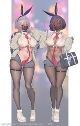 2020s 2024 2d 2d_(artwork) 2girls black_hair bunny_costume bunny_ears choker clothed clothing dark-skinned_female dark_skin female female_focus female_only handbag hi_res highres light-skinned_female light_skin looking_at_viewer mask masked masked_female navel navel_piercing original original_character peace_sign phone purple_eyes red_eyes school_uniform schoolgirl skimpy skimpy_clothes skirt sneakers suerte sweat sweaty tattoo thighhighs tie white_hair white_shirt white_shoes