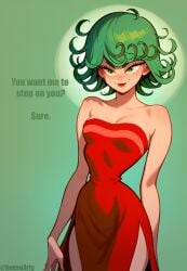 ai_generated bare_arms bare_shoulders cartoony comic comic_page comic_panel curly_hair digital_art digital_media_(artwork) dress female female_only femdom_caption green_eyes green_hair happy minidress one-punch_man petite_body pose posing red_dress sassy sensuarty small_breasts small_waist smiling smiling_at_viewer strapless strapless_dress tatsumaki thigh_slit