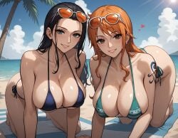 2girls ai_generated bikini black_hair blue_eyes breasts female female_only flyingpancake hi_res hips large_breasts light-skinned_female light_skin long_hair nami nico_robin one_piece orange_hair post-timeskip stable_diffusion thick_thighs thighs wide_hips