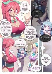 3girls alternate_costume arguing ass big_ass big_breasts blonde_hair blue_eyes blue_hair blush cafe_cutie_gwen cafe_cutie_sivir cafe_cutie_soraka cafe_cuties_series cleavage comic comic_page drill_hair english_text green_hair gwen_(league_of_legends) happy large_breasts league_of_legends maid maid_outfit maid_uniform nail_polish oc page_7 page_number pale-skinned_female pale_skin pink_eyes pink_hair pink_nails purple_skin purple_skinned_female ribbon_in_hair riot_games sivir soraka strongbana tan_skin tan_skinned_female text tight_clothing two_tone_hair uniform watermark