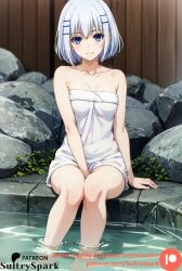 1girls :o ai_generated artist_name blue_eyes commission date_a_live female female female_only looking_at_viewer onsen patreon patreon_username petite short_hair small_breasts solo solo_female steam sultryspark teen teenager tobiichi_origami towel towel_around_waist towel_only water white_hair