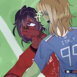 albania_(countryhumans) blue_shirt countryhumans cum cum_in_ass cum_inside golden_hair green_skin italy_(countryhumans) laughing_at_another premlnwza007 public_sex purple_eyes purple_hair red_shirt red_skin​ sex_from_front soccer_field​