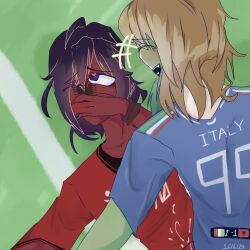 albania_(countryhumans) blue_shirt countryhumans cum cum_in_ass cum_inside golden_hair green_skin italy_(countryhumans) laughing_at_another male premlnwza007 public_sex purple_eyes purple_hair red_shirt red_skin​ sex_from_front soccer_field​ yaoi