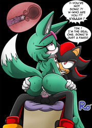 1boy 1girls ahe_gao anthro archie_comics ass big_ass black_fur black_hair blush breasts condom cowgirl_position cum cum_in_condom cum_inside dialogue duo english_text eulipotyphlan female female_on_top fennec furry furry_only heart heart-shaped_pupils hedgehog internal interspecies looking_pleasured male mammal open_mouth penetration penis pussy raianonzika red_eyes safe_sex sega sex shadow_the_hedgehog sonar_the_fennec sonic_(series) speech_bubble spread_legs straight tail text tongue tongue_out uterus vaginal_penetration watermark x-ray