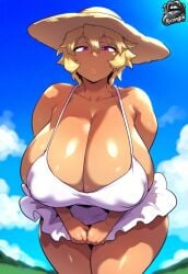 ai_generated big_breasts blonde_hair dark_skin dress huge_breasts large_breasts purple_eyes relongiainsfw thick_thighs white_dress