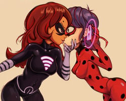 2d 2d_(artwork) 2girls alya_cesaire assertive_female blue_eyes blue_hair bodysuit bondage brown_hair defeated_heroine domino_mask earrings elbow_gloves eye_mask female female_only gloves grinning high_resolution jewelry kissing lady_wifi ladybug_(character) leaning_forward lesbian lesbian_kiss lezdom lezsub lipstick long_hair looking_at_another marinette_dupain-cheng medium_breasts medium_hair miraculous:_tales_of_ladybug_and_cat_noir miraculous_ladybug purple_eyes restrained saucy-scones shiny shiny_clothes short_hair superheroine surprised teenage tied_hair tight_clothes twintails villainess young yuri