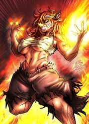 1girls aggressive bandage big_breasts breasts bri4n500 clothing curvy curvy_female destroyed_clothing el_diario_de_jonathan female fire hagen_(eddj) long_hair muscular nipples_visible_through_clothing orange_hair scar scars_all_over smile standing standing_on_one_leg tank_top teeth thick thick_ass thick_legs thick_thighs thighs yellow_eyes