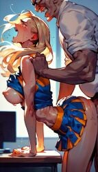 abuse age_difference ai_generated athletic_female blonde_hair cheerleader cheerleader_uniform crying from_behind human light-skinned_male older_male partially_clothed rape schoolgirl screaming skirt standing_sex tears younger_female