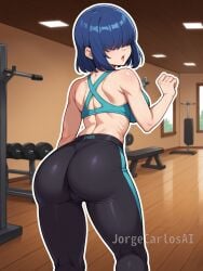 1girls ai_generated ass big_ass big_breasts big_breasts big_breasts blue_hair breasts breasts breasts cameltoe female female female_focus female_only girl gym gym_clothes gym_clothing gym_pants gym_uniform hair_covering_eyes hair_over_eyes jorgecarlosai long_pants looking_at_viewer looking_back open_mouth rear_view sexy short_hair sports_bra sportswear teeth toned toned_female tongue watermark yoga_pants