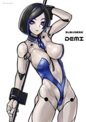 aegis_(nerocc) android between_breasts black_hair blue_lips blue_ribbon bob_cut breasts demi_(subverse) female gynoid highres navel necktie necktie_between_breasts nude pole purple_eyes pussy ribbon robot_joints sexbot strapless_leotard stripper stripper_pole subverse