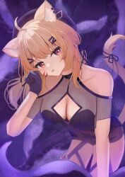 1girl 1girls ahoge animal_ear_fluff animal_ears bangs bare_shoulders beret black_dress black_gloves black_headwear blonde_hair blush breasts cat_ears cat_girl cat_tail catgirl cleavage cleavage_cutout dress earrings eyebrows_visible_through_hair face_markings female female_only gloves hair_ornament hair_ribbon hairclip halterneck hand_up hat long_hair looking_at_viewer medium_breasts moon parted_lips red_eyes ribbon see-through sleeveless solo squchan_(vtuber) tail tail_raised tail_ribbon tongue tongue_out twintails virtual_youtuber vyugen