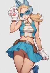 1girls ai_generated blonde_hair blue_eyes leukocrisp my_hero_academia no_panties paw_gloves pixie_bob pussy skirt skirt_lift smile stable_diffusion standing
