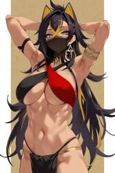 1girls abs ai_generated armpits black_hair blue_eyes breasts dancer_outfit dark_hair dark_skin dehya_(genshin_impact) female female_only genshin_impact midriff nails skimpy solo stable_diffusion toned toned_female underboob