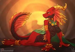 10:7 2019 5_fingers anthro areola atryl big_breasts breasts clothed clothing digital_media_(artwork) dragon female lying nipple_piercing nipples non-mammal_breasts on_side piercing pussy red_scales scales skimpy solo yellow_eyes