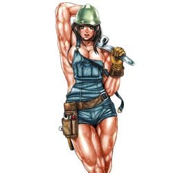 armpits aya_suganami bare_arms bare_shoulders biceps brown_hair character_request commentary eyelashes gloves green_eyes helmet highres looking_at_viewer muscle muscular_female original overalls plumber pose shorts shoulders sweat sweatdrop tabe_koji thick_thighs thighs tool_belt tool_kit tools