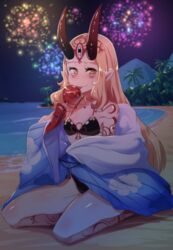 1girls beach bikini blonde_hair breasts candy_apple eating fate/grand_order fate_(series) fireworks hinghoi horns ibaraki_douji_(fate) kimono kneeling night outdoors small_breasts solo tagme tattoo tongue_out yellow_eyes