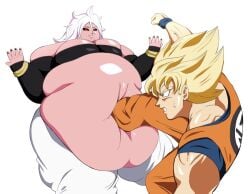 1boy1girl android_21 fat_female fat_fetish kick_in_the_belly large_belly nikutsuki pink_skin red_eyes son_goku ssbbw super_saiyan white_hair