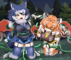 2girls animal_ears animal_print arms_up black_hair black_jacket black_ribbon black_vest blazer blue_hair blue_necktie blue_skirt blue_theme blush bow breasts buttons cellien_(kemono_friends) clenched_teeth collared_shirt commentary_request cum cum_on_legs dire_wolf_(kemono_friends) double-breasted forest full_body fur-trimmed_footwear fur_collar fur_trim garter_straps gloves grass grey_hair grey_sky grey_thighhighs hair_between_eyes hair_ribbon hairbow highres jacket kemono_friends kemono_friends_3 kneeling large_breasts lets0020 long_hair looking_at_viewer medium_bangs miniskirt multicolored_hair multiple_girls nature necktie night open_mouth orange_hair orange_thighhighs outdoors plaid plaid_bow plaid_necktie plaid_skirt pleated_skirt print_gloves print_thighhighs restrained ribbon shirt shoes siberian_tiger_(kemono_friends) skirt sky stiff_tail tail teeth tentacle tentacle_sex thighhighs tiger_ears tiger_girl tiger_print tiger_tail tree variant_set vest white_footwear white_hair white_shirt wolf_ears wolf_girl wolf_tail yellow_bow yellow_eyes yellow_necktie